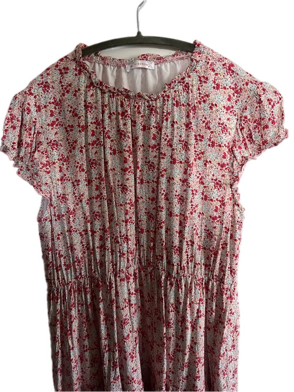 Kirundo Light Pink Blue Floral Tiered Ruffle Sleeve Midi Dress Cottagecore - Picture 6 of 11